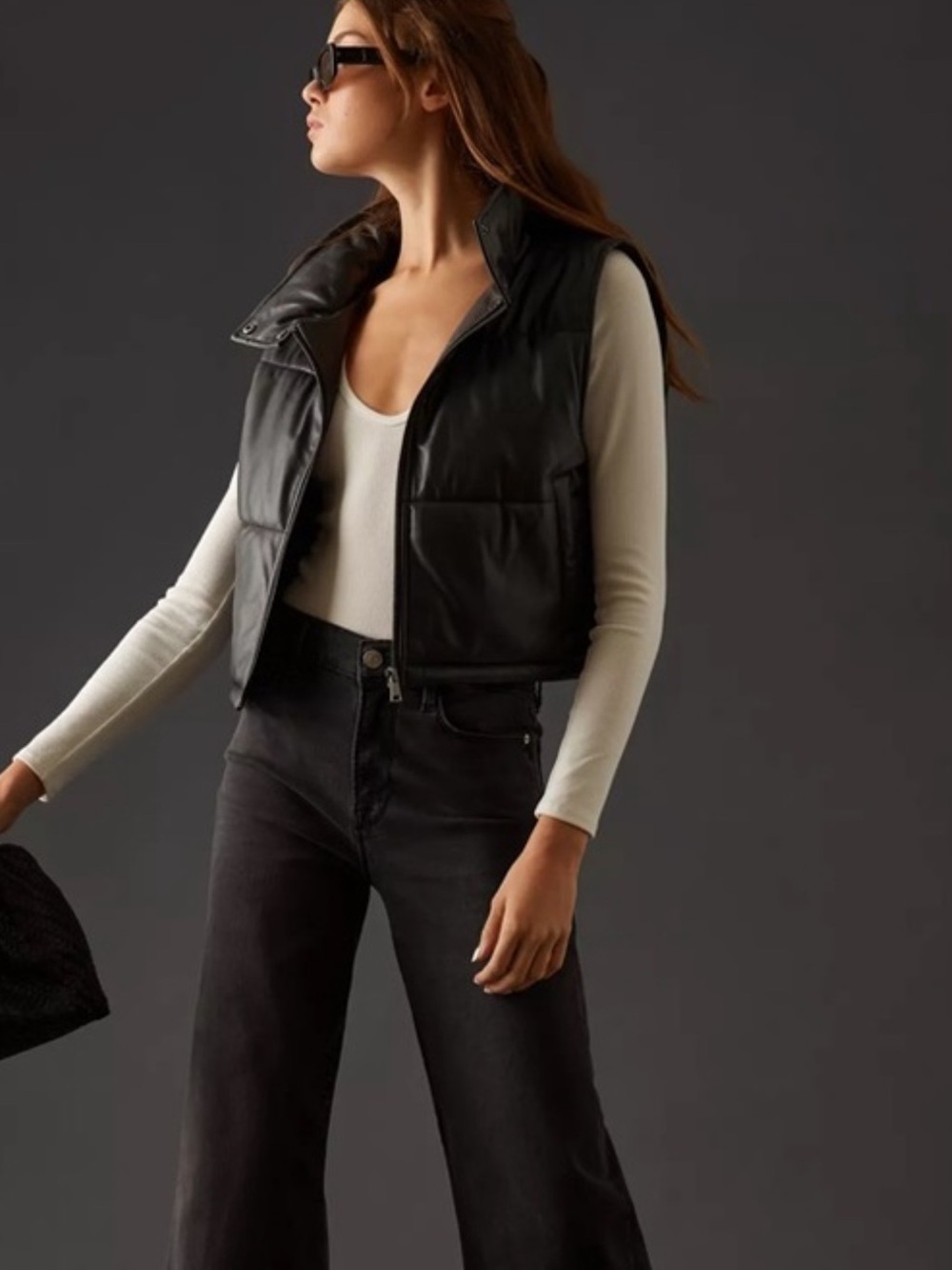 Anthropologie Black Faux Leather Puffer Vest